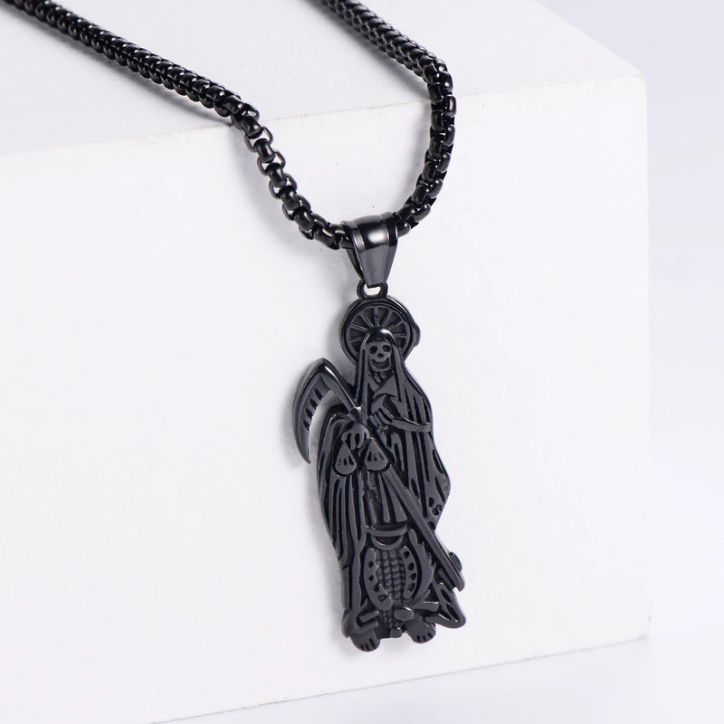 Hip Hop Vintage Golden Holy Saint Death Santa Muerte Skull Biker Pendant Necklace Stainless Steel Men Women Religious Jewelry