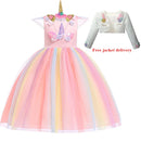 New 3pcs Baby Girls Dress Pastel Rainbow Princess For Summer Birthday Party Dress Unicorn Cosplay Perform Children Costume