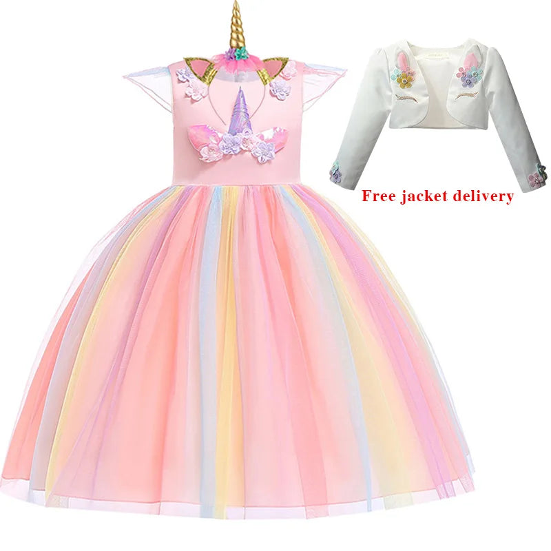 New 3pcs Baby Girls Dress Pastel Rainbow Princess For Summer Birthday Party Dress Unicorn Cosplay Perform Children Costume