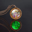 Glow In The Dark Buddha Necklace Indian Jewelry Hinduism God Brahma Vishnu Shiva Art Picture Wooden Pendant Necklace