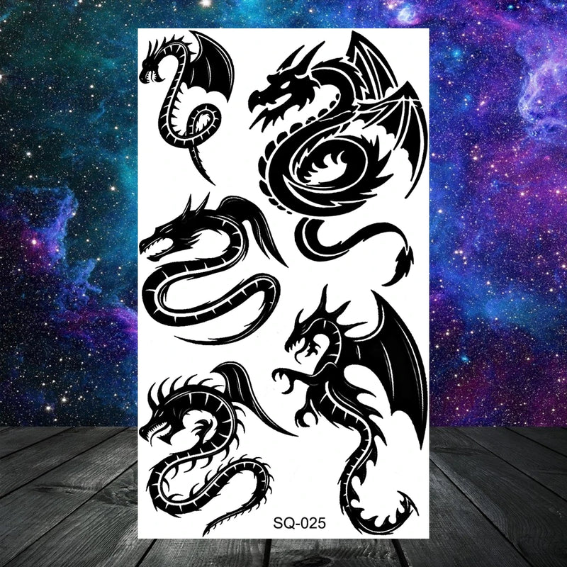 وشم مؤقت واقعي على شكل أشواك وتنين وذئب للرجال البالغين والأطفال وشم مزيف على شكل جمجمة نمر وأسد ورقبة وذراع ويدين وشم صغير