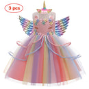 New 3pcs Baby Girls Dress Pastel Rainbow Princess For Summer Birthday Party Dress Unicorn Cosplay Perform Children Costume