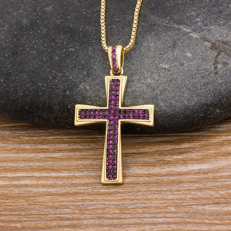 AIBEF New Cross Blue/Purple/Green/Gold Crystal Pendant Necklace Copper Cubic Zircon Choker 4 Colors Choice Religion Jewelry Gift