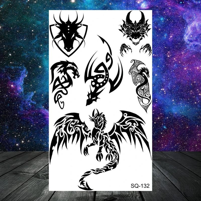 وشم مؤقت واقعي على شكل أشواك وتنين وذئب للرجال البالغين والأطفال وشم مزيف على شكل جمجمة نمر وأسد ورقبة وذراع ويدين وشم صغير