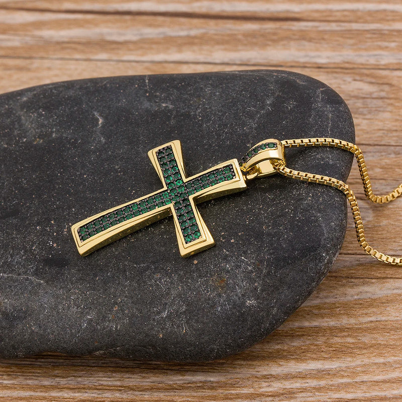 AIBEF New Cross Blue/Purple/Green/Gold Crystal Pendant Necklace Copper Cubic Zircon Choker 4 Colors Choice Religion Jewelry Gift