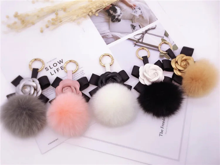 Korea Creative Bow Camellia Key Chain Bag Pendant Ladies Fox Fur Ball Key Ring Fashion Charm Pendant  Luxury Keychain