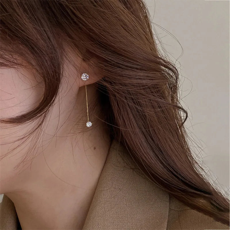 Simple Zircon Long Tassel Drop Earrings for Women Front and Back Delicate Korean Brincos 2021 Femme Jewelry Wholesale