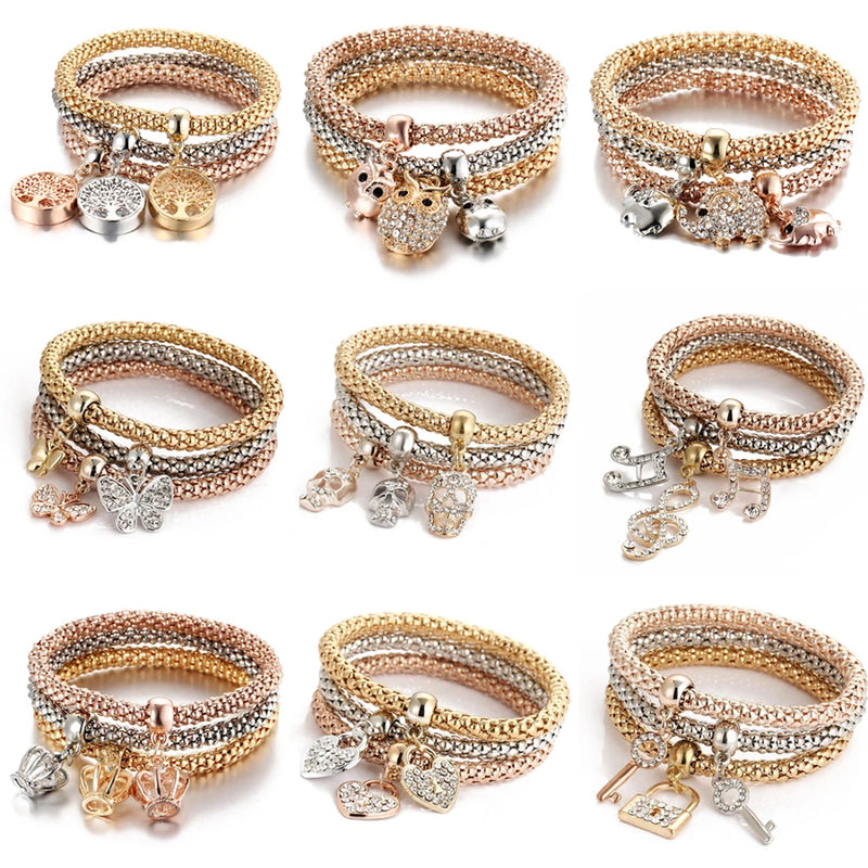 3colors/Lot Elastic Bracelets & Bangle For Women Crystal Tree of Life Owl Key lock Music Note Owl Butterfly Heart Charm Jewelry