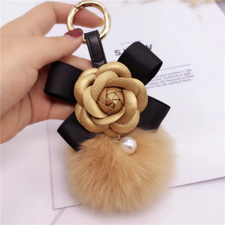 Korea Creative Bow Camellia Key Chain Bag Pendant Ladies Fox Fur Ball Key Ring Fashion Charm Pendant  Luxury Keychain
