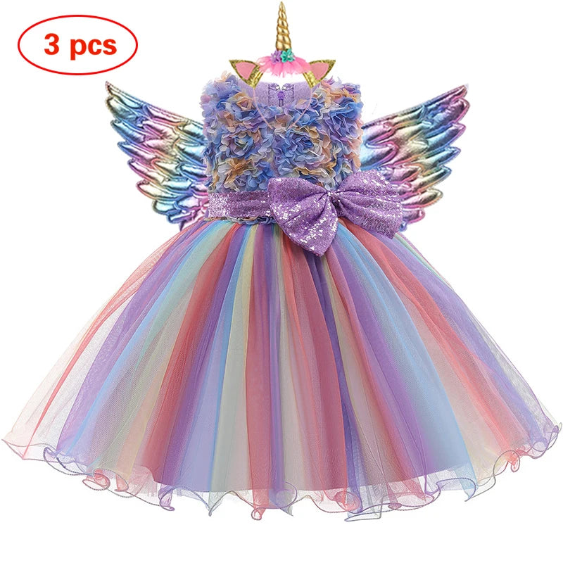 New 3pcs Baby Girls Dress Pastel Rainbow Princess For Summer Birthday Party Dress Unicorn Cosplay Perform Children Costume