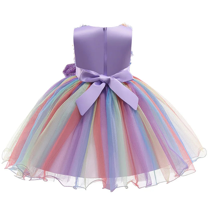 New 3pcs Baby Girls Dress Pastel Rainbow Princess For Summer Birthday Party Dress Unicorn Cosplay Perform Children Costume