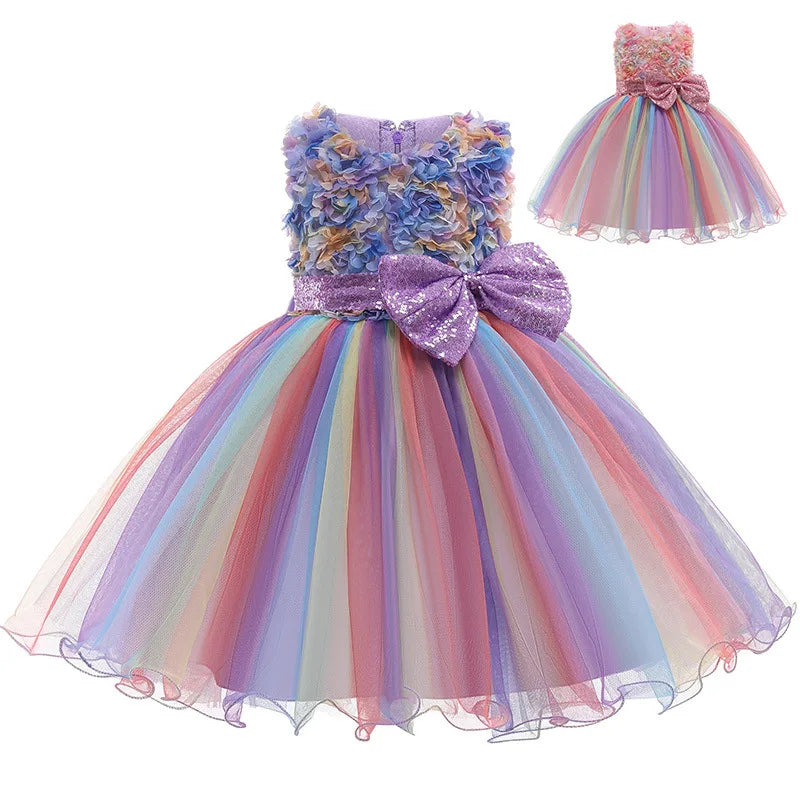 New 3pcs Baby Girls Dress Pastel Rainbow Princess For Summer Birthday Party Dress Unicorn Cosplay Perform Children Costume