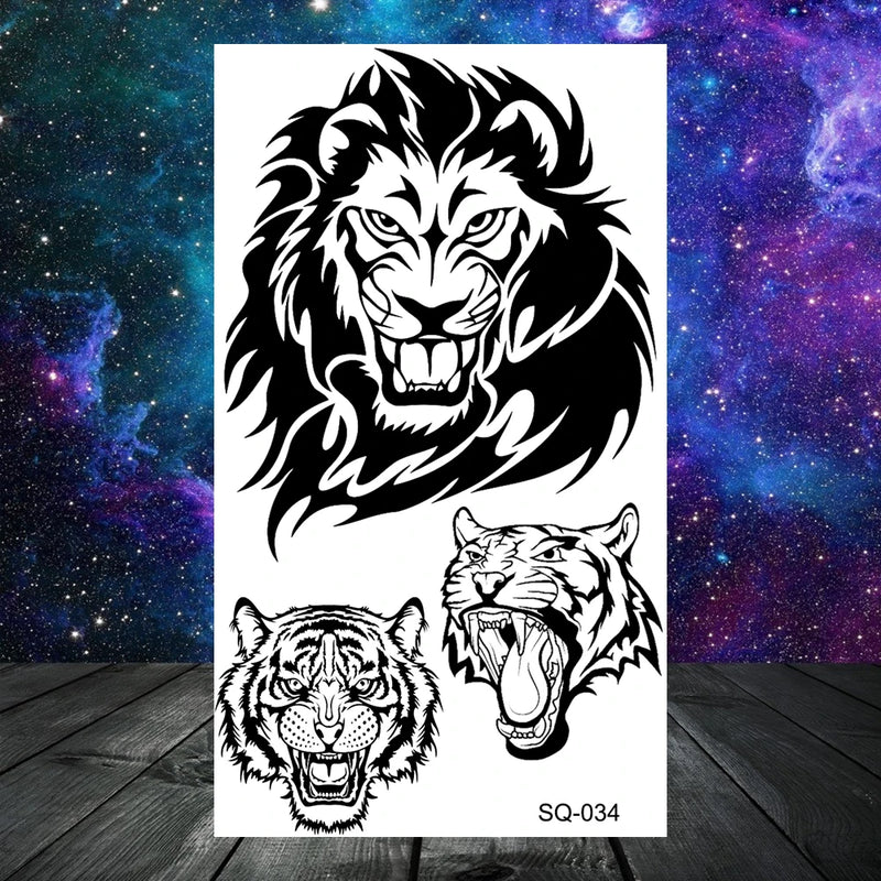 وشم مؤقت واقعي على شكل أشواك وتنين وذئب للرجال البالغين والأطفال وشم مزيف على شكل جمجمة نمر وأسد ورقبة وذراع ويدين وشم صغير