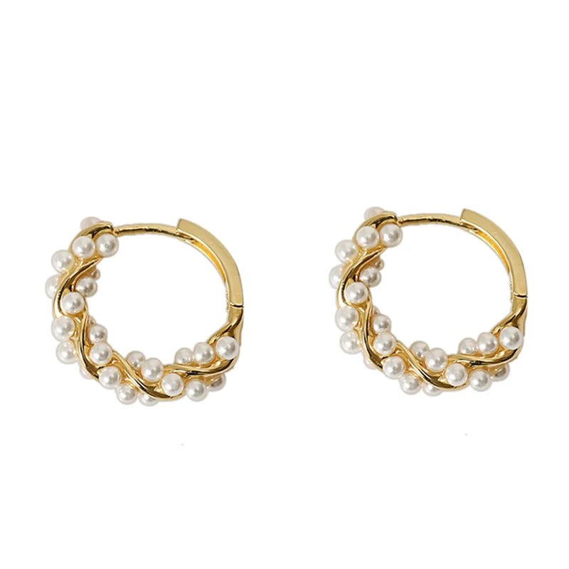 Elegant Artificial Pearl Wound Metal Twist Hoop Earrings 2023 New Fashion Jewelry Party Sweet Accessories For Woman Girls Gift