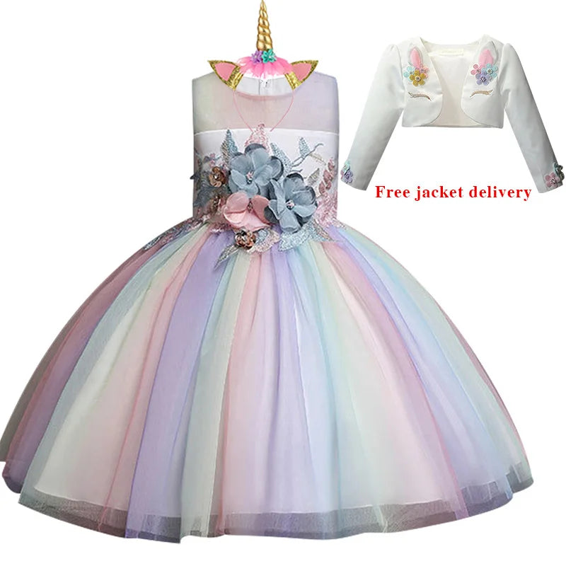 New 3pcs Baby Girls Dress Pastel Rainbow Princess For Summer Birthday Party Dress Unicorn Cosplay Perform Children Costume