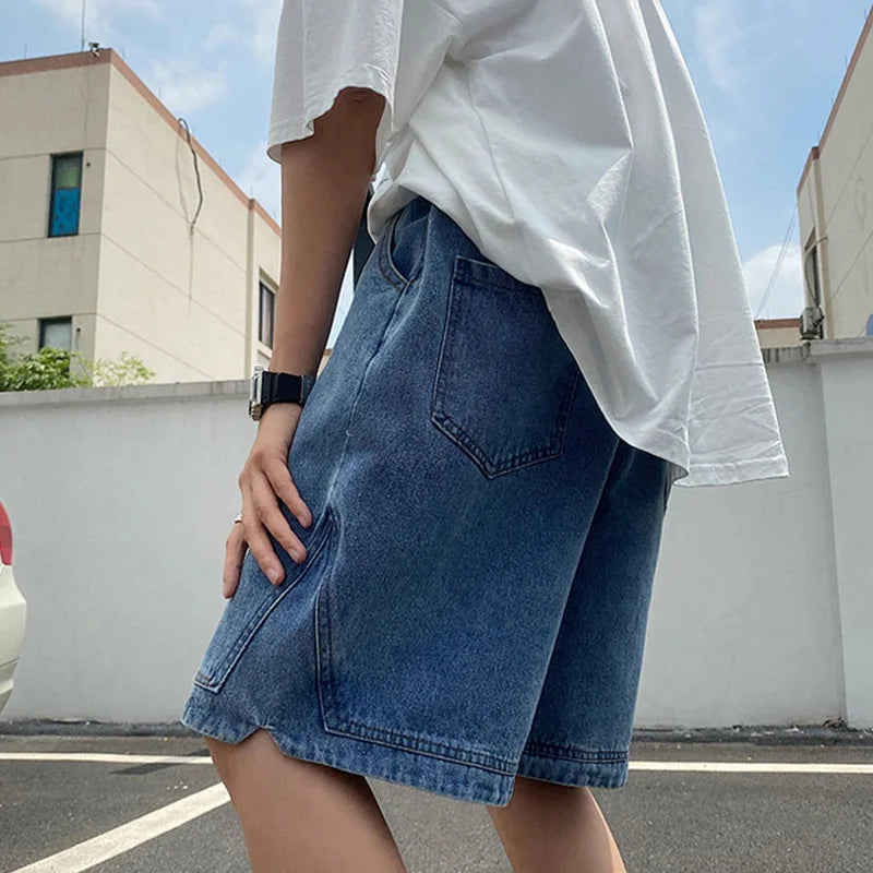 Retro Blue Denim Casual Shorts Men Summer Loose Harajuku Hip Hop Ins Fashion Baggy All-match Basic Designer Multi Pockets Teens