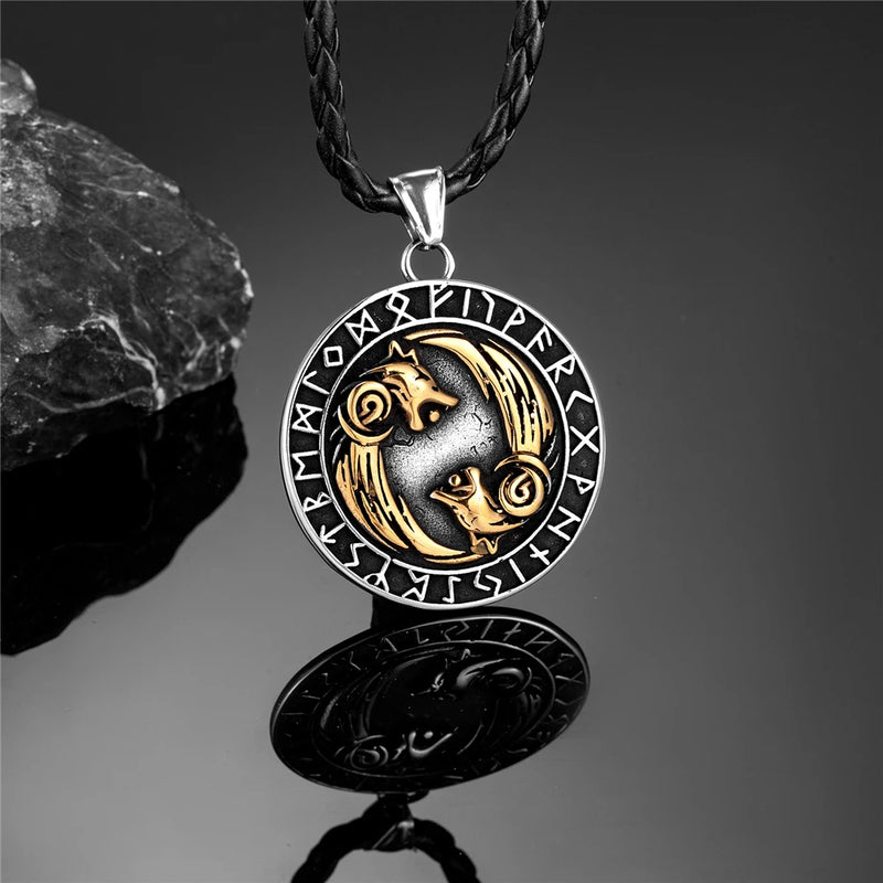 Never Fade Norse Wolf Necklace Men Stainless Steel Gold Color Vikings Rune Vegvisir Amulet Pendant Scandinavian Jewelry Gift New