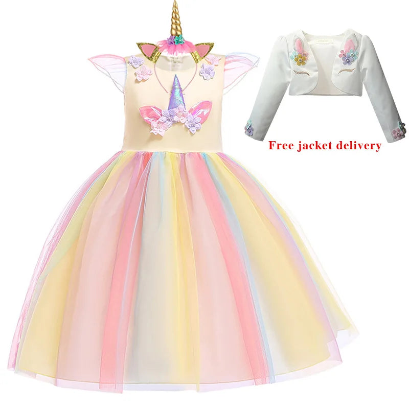 New 3pcs Baby Girls Dress Pastel Rainbow Princess For Summer Birthday Party Dress Unicorn Cosplay Perform Children Costume