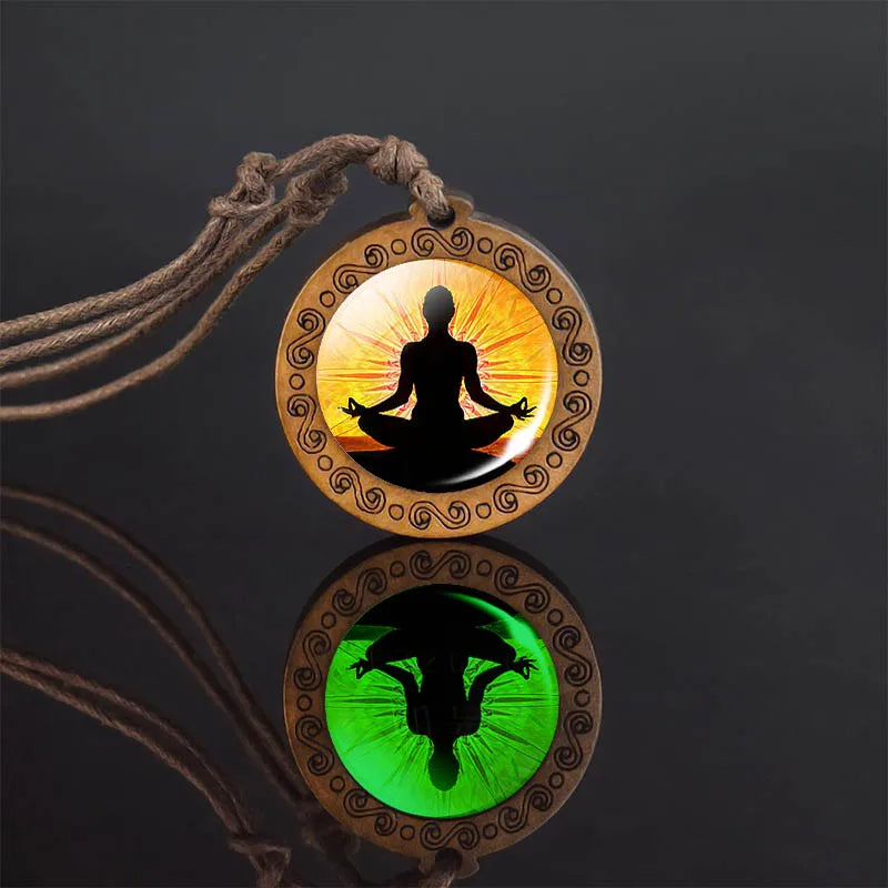 Glow In The Dark Buddha Necklace Indian Jewelry Hinduism God Brahma Vishnu Shiva Art Picture Wooden Pendant Necklace