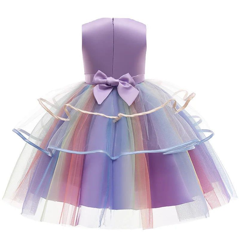New 3pcs Baby Girls Dress Pastel Rainbow Princess For Summer Birthday Party Dress Unicorn Cosplay Perform Children Costume