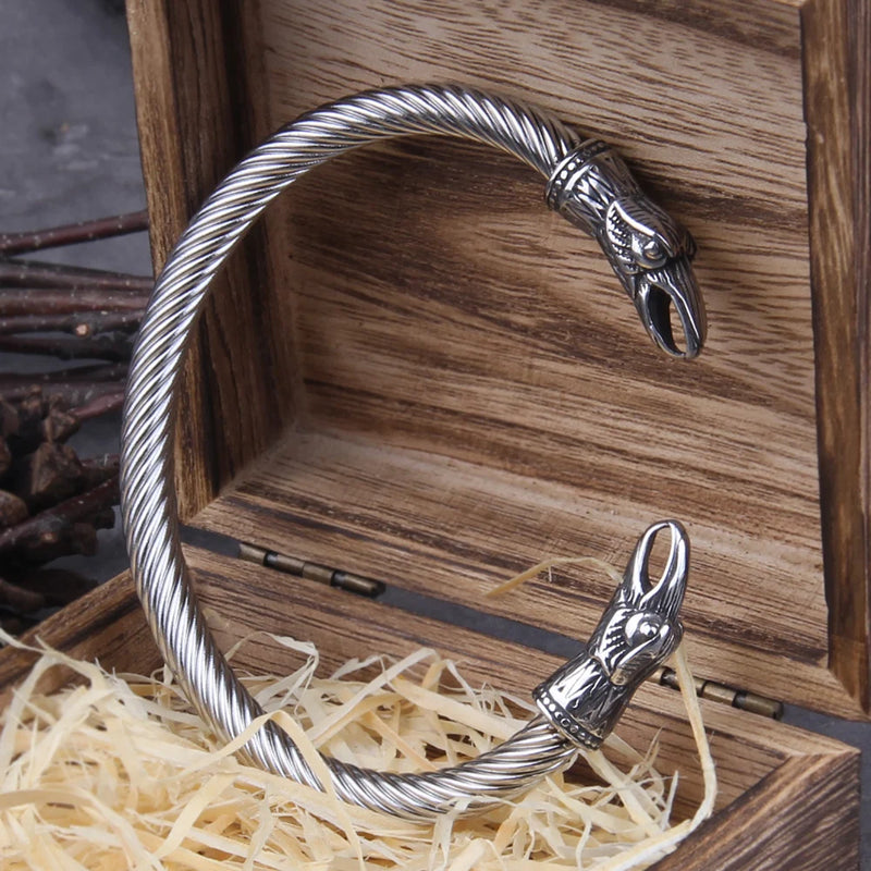 Stainless Steel Nordic Viking Norse Raven Bracelet Men Wristband Cuff Bracelets with viking wooden box