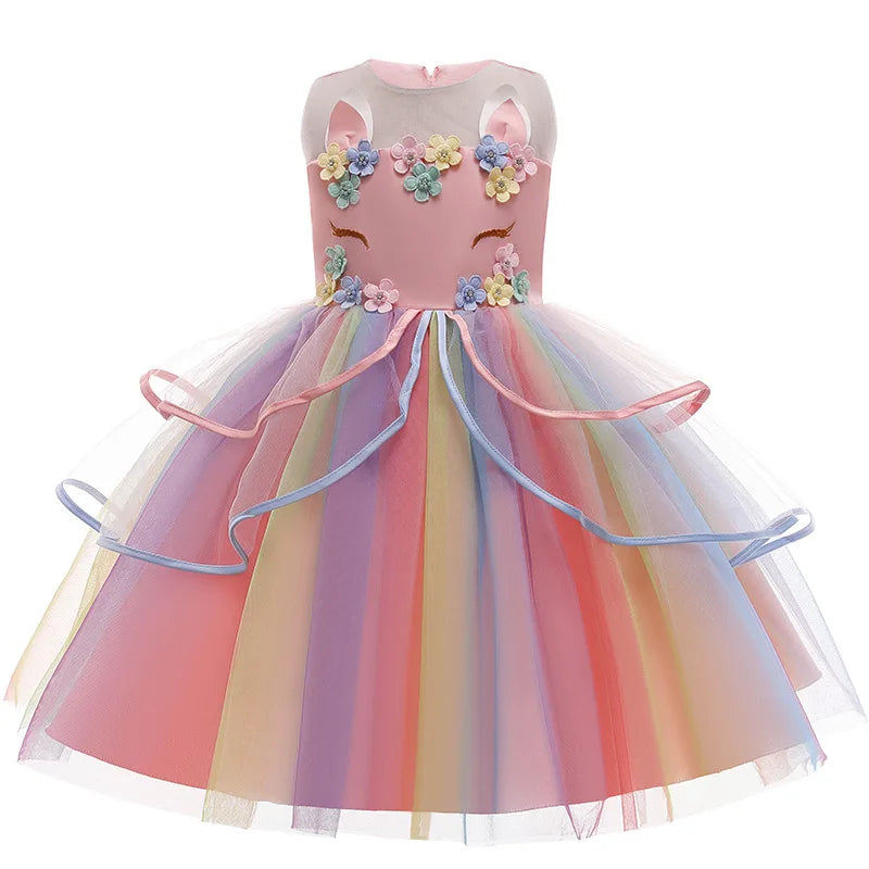 New 3pcs Baby Girls Dress Pastel Rainbow Princess For Summer Birthday Party Dress Unicorn Cosplay Perform Children Costume
