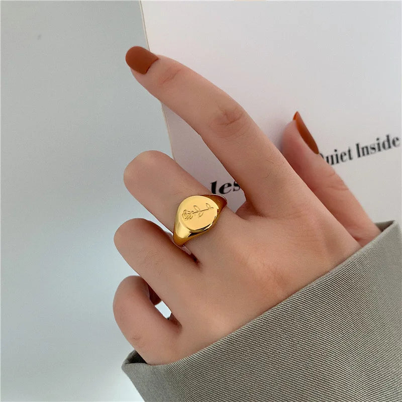 Gold-plated Engrave Rosette Rings Stainless Steel Fashion Personality 18k Gold European Christmas Simple Rings Jewelry Women