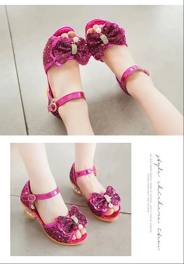 Girls Sandals Summer 2021  New Children's Princess Shoes Little Girls High-heeled Bow-knot Crystal Sandals Party Dress Wedding