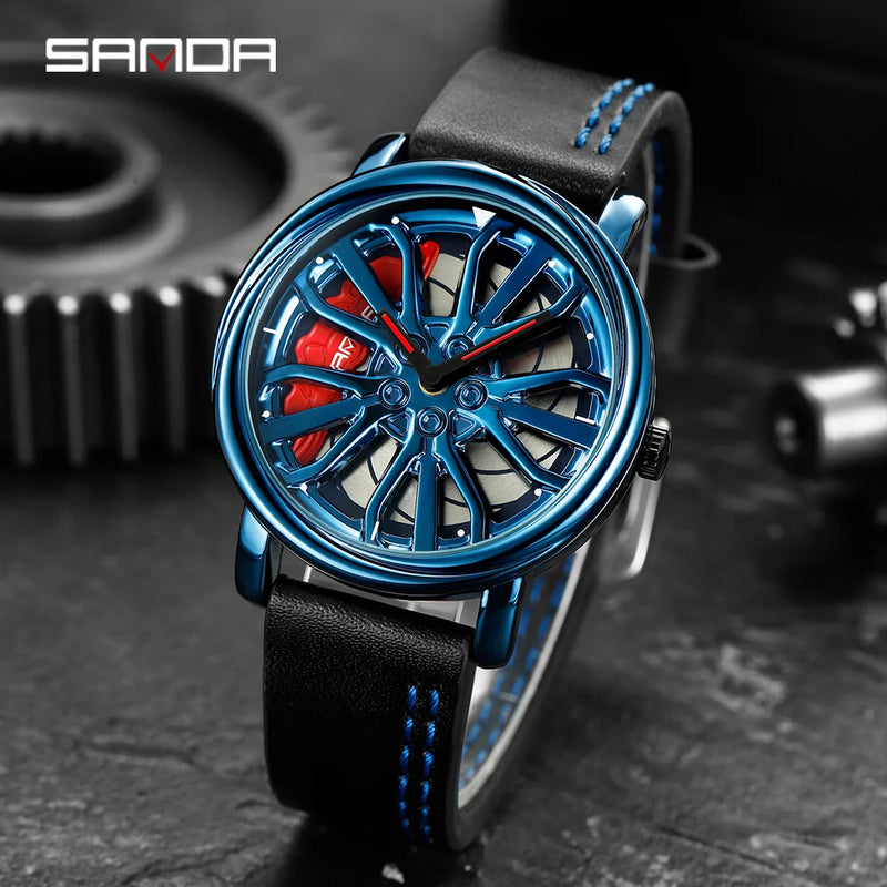 Hot Sell Fashion Men Quartz WristWatch Creative 360 Degree Rotating Car Wheel Quartz Watch Leather Waterproof Rim Hub Clock Men