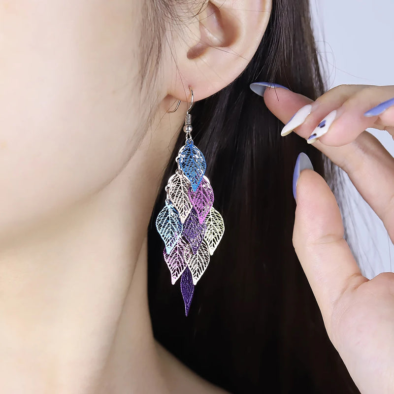 Pendientes colgantes de estilo étnico, pequeños accesorios de nueve hojas, pendientes de hojas, joyería bohemia, pendientes colgantes exagerados, regalo para mujer