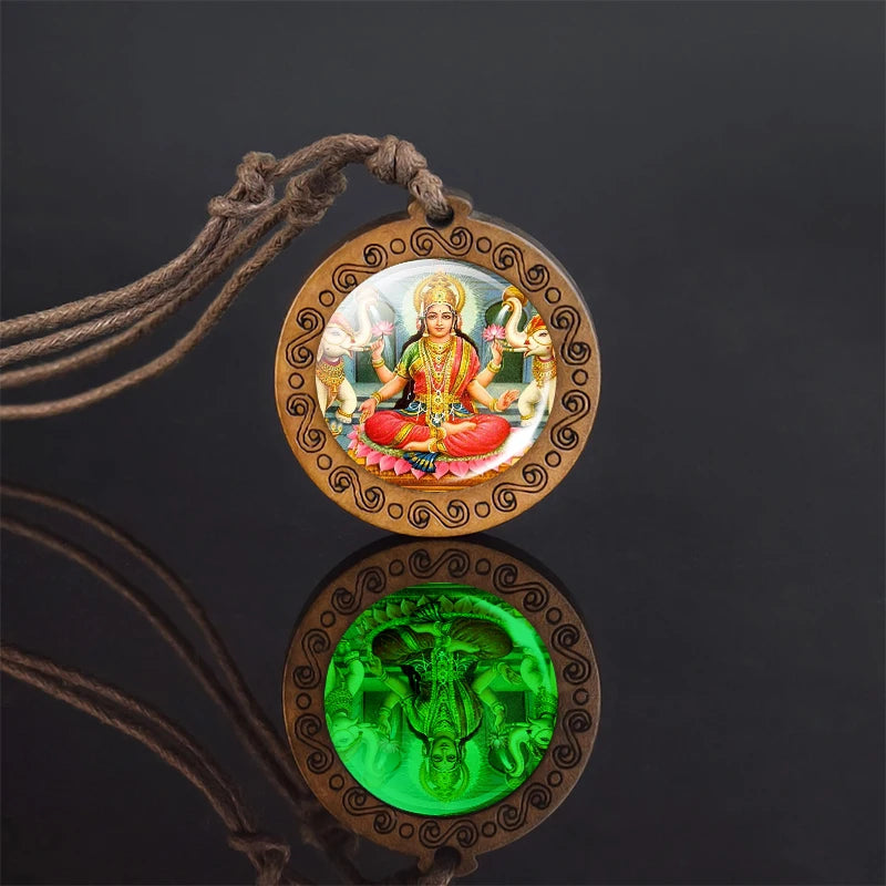 Glow In The Dark Buddha Necklace Indian Jewelry Hinduism God Brahma Vishnu Shiva Art Picture Wooden Pendant Necklace