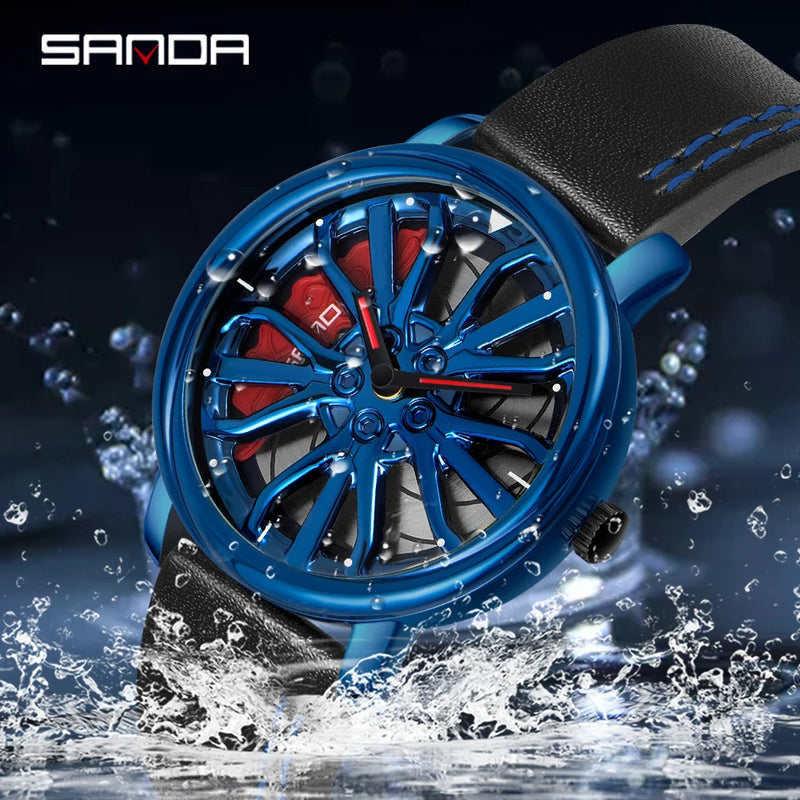 Hot Sell Fashion Men Quartz WristWatch Creative 360 Degree Rotating Car Wheel Quartz Watch Leather Waterproof Rim Hub Clock Men