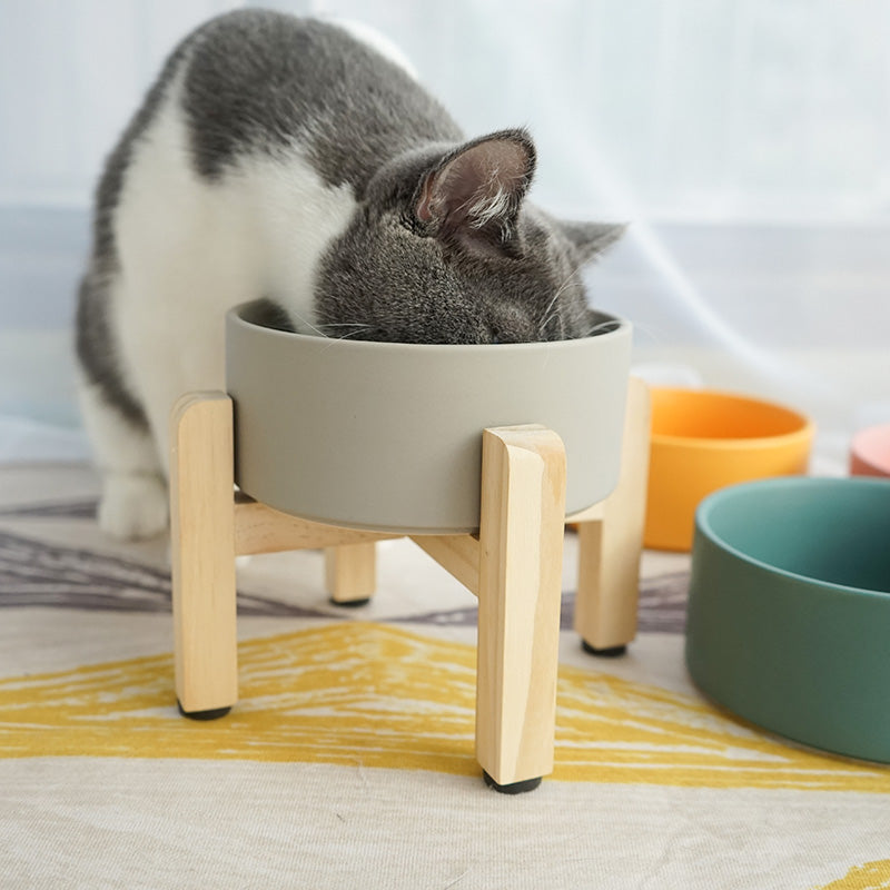 Raised Wooden Frame Ceramic Protection Cervical Spine Cat Bowl