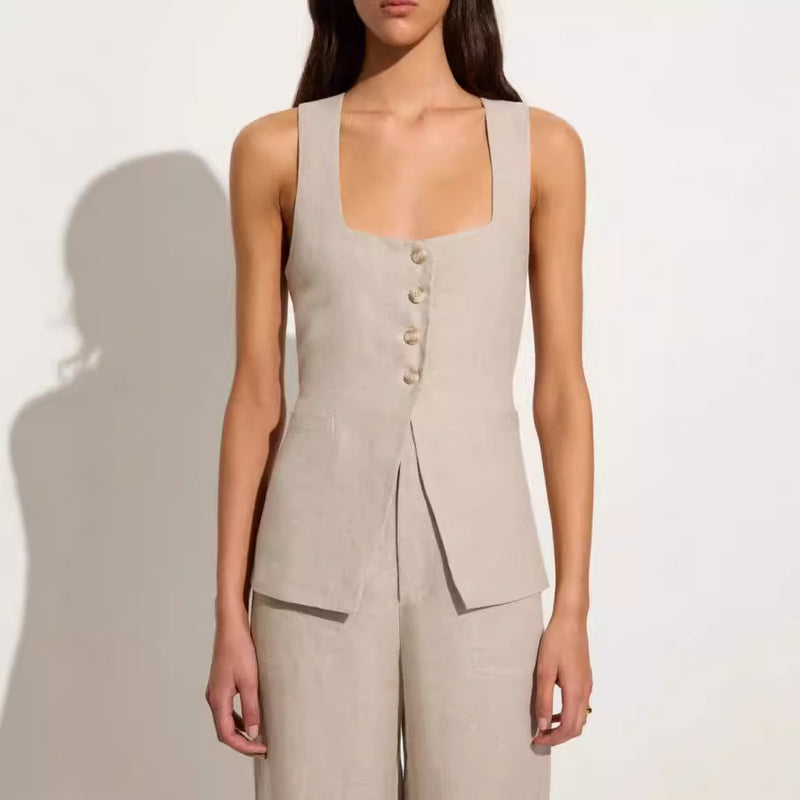 Vest Suit Cotton Square Collar Sleeveless Vest Top Trousers Two-piece Set