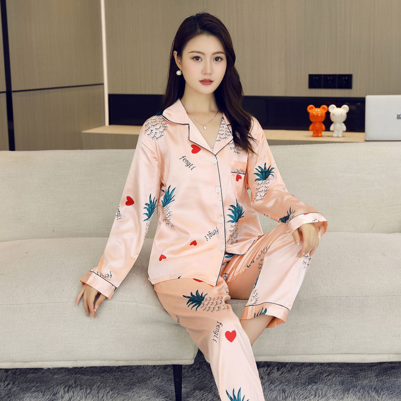 Ice Silk Pajamas Women's Summer Women's suit Long-sleeved Trousers Silk-like Pajamas Casual Light Luxury plus size Home Clothes
