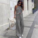 Conjunto de dos piezas con cuello halter, camiseta sin mangas y pantalones anchos para mujer