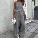 Conjunto de dos piezas con cuello halter, camiseta sin mangas y pantalones anchos para mujer