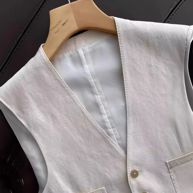 طقم مكون من قطعتين من القطن والكتان بتصميم عصري، مع سترة وبنطلون واسع الساق