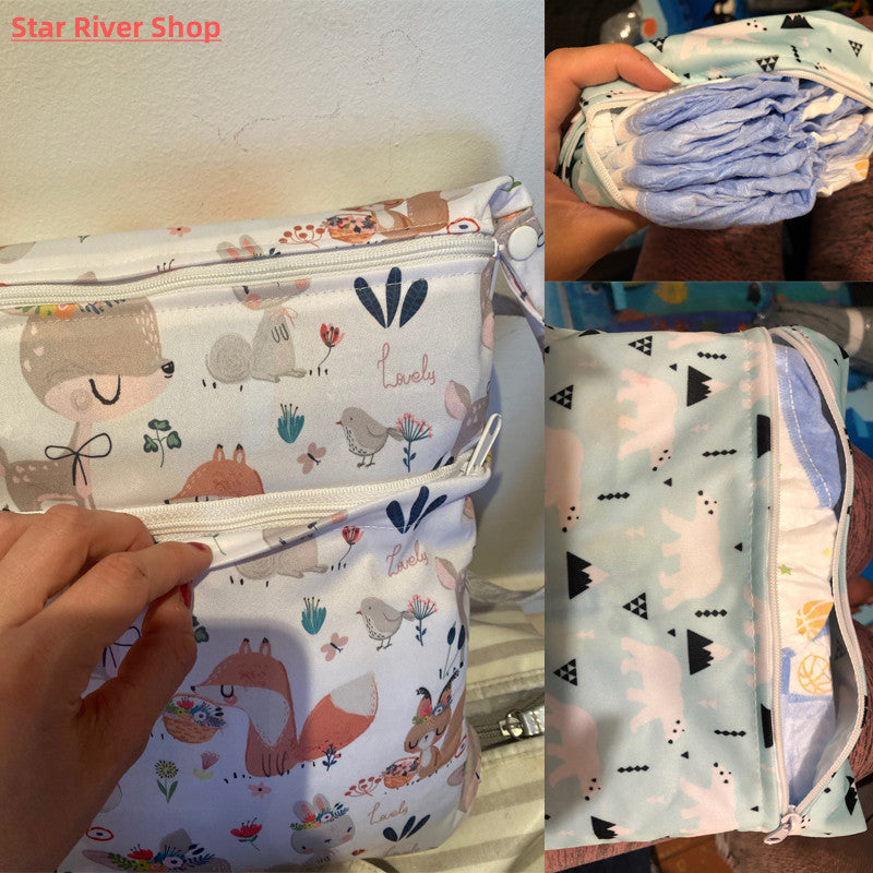 Baby Diaper Bag Cartoon Print Waterproof Wet Dry Nappy Zippe