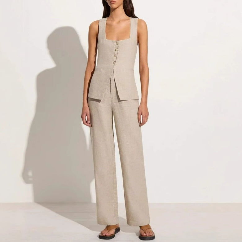 Vest Suit Cotton Square Collar Sleeveless Vest Top Trousers Two-piece Set