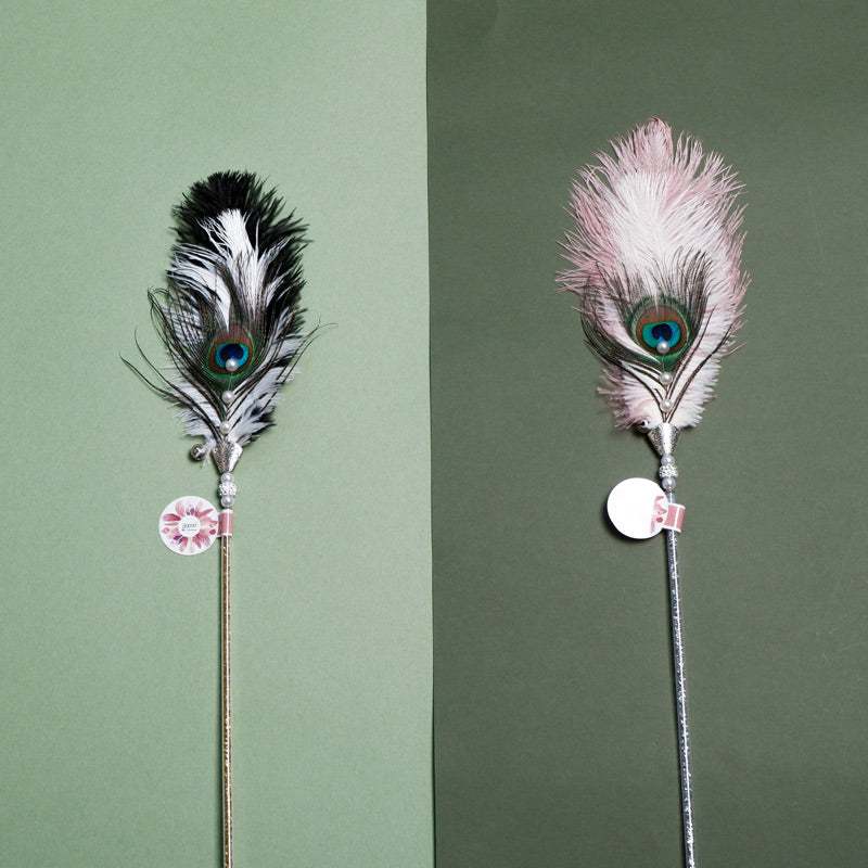 Ostrich Feather Cat Teaser Feather Fairy with Bell Kittens Cat Toy Self-Hi Relieving Stuffy Handy Gadget Cat Bite-Resistant Long Brush Holder