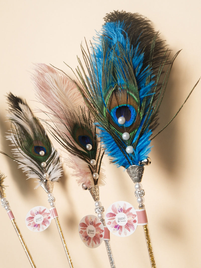 Ostrich Feather Cat Teaser Feather Fairy with Bell Kittens Cat Toy Self-Hi Relieving Stuffy Handy Gadget Cat Bite-Resistant Long Brush Holder