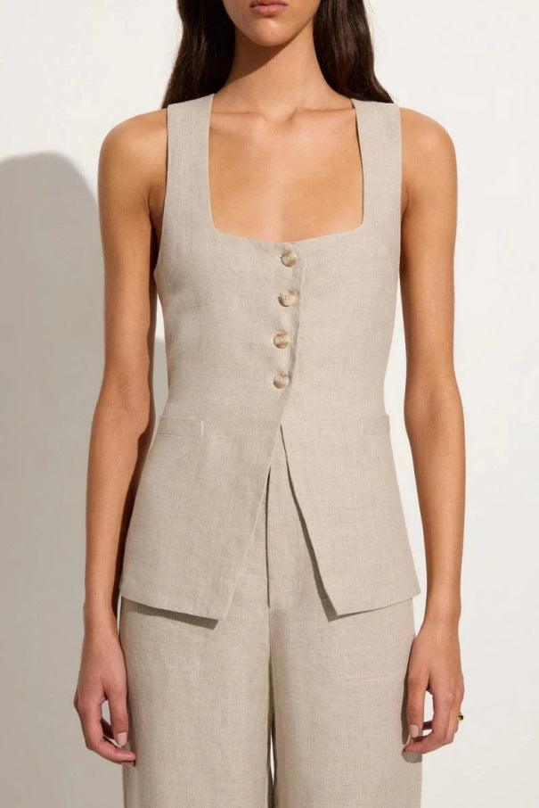 Vest Suit Cotton Square Collar Sleeveless Vest Top Trousers Two-piece Set