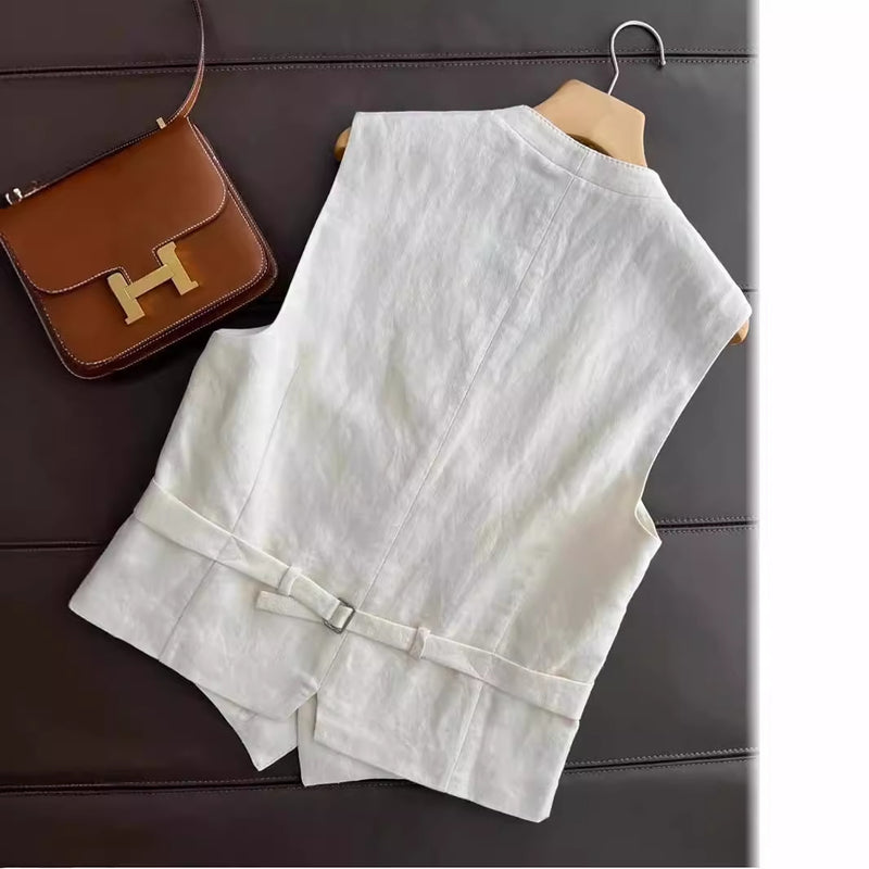 طقم مكون من قطعتين من القطن والكتان بتصميم عصري، مع سترة وبنطلون واسع الساق