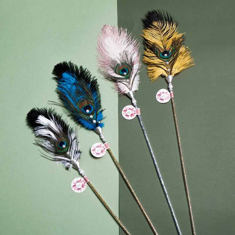 Ostrich Feather Cat Teaser Feather Fairy with Bell Kittens Cat Toy Self-Hi Relieving Stuffy Handy Gadget Cat Bite-Resistant Long Brush Holder