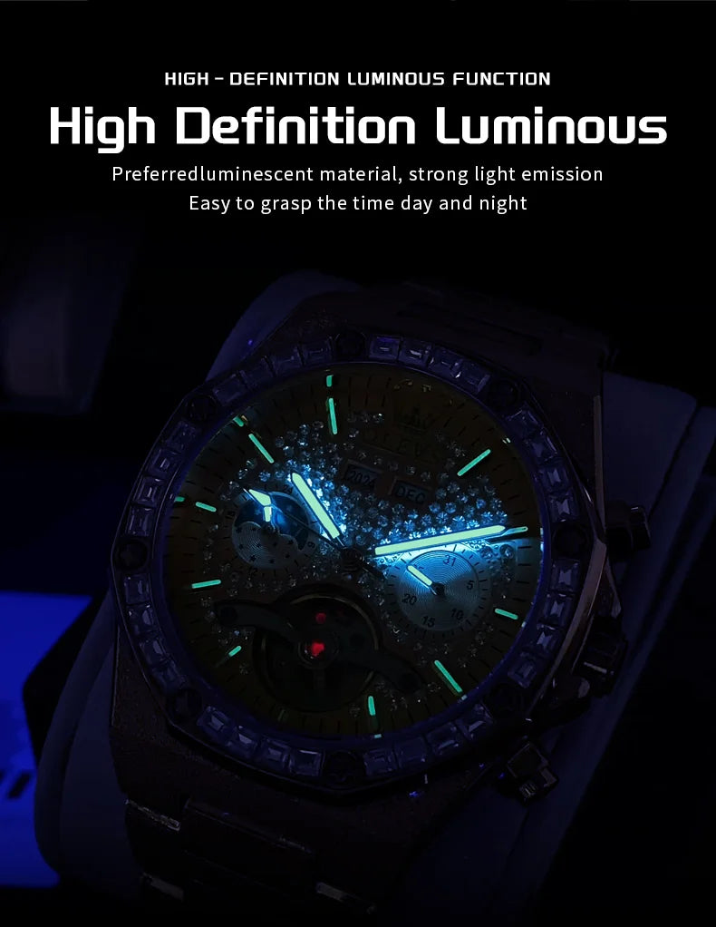 OLEVS 9805 High end Men Watches  Waterproof Moon Phase Diamond Dial Fashion Luxury Mechanical Watch Skeleton Original Wristwatch