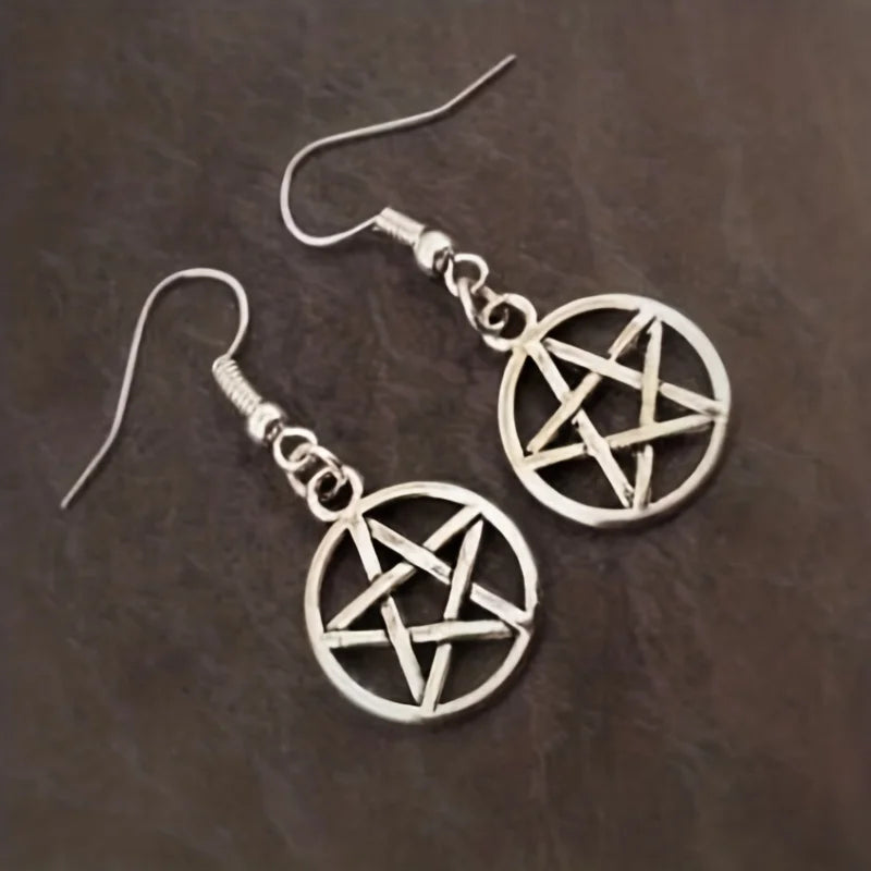 2 earrings and necklace set, vintage jewelry set, supernatural pentagram design, silver plated to match daily clothing, role-pla