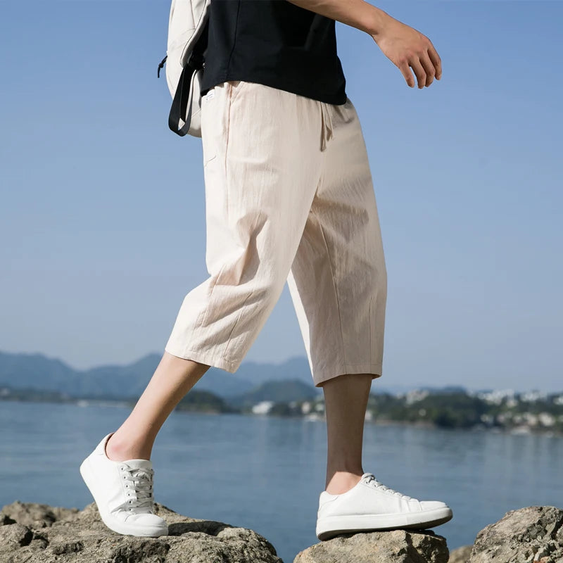 Summer New Casual Short Pants Mens Cotton and Linen Loose Pants  Trend Nine-point Straight Trousers M-5XL