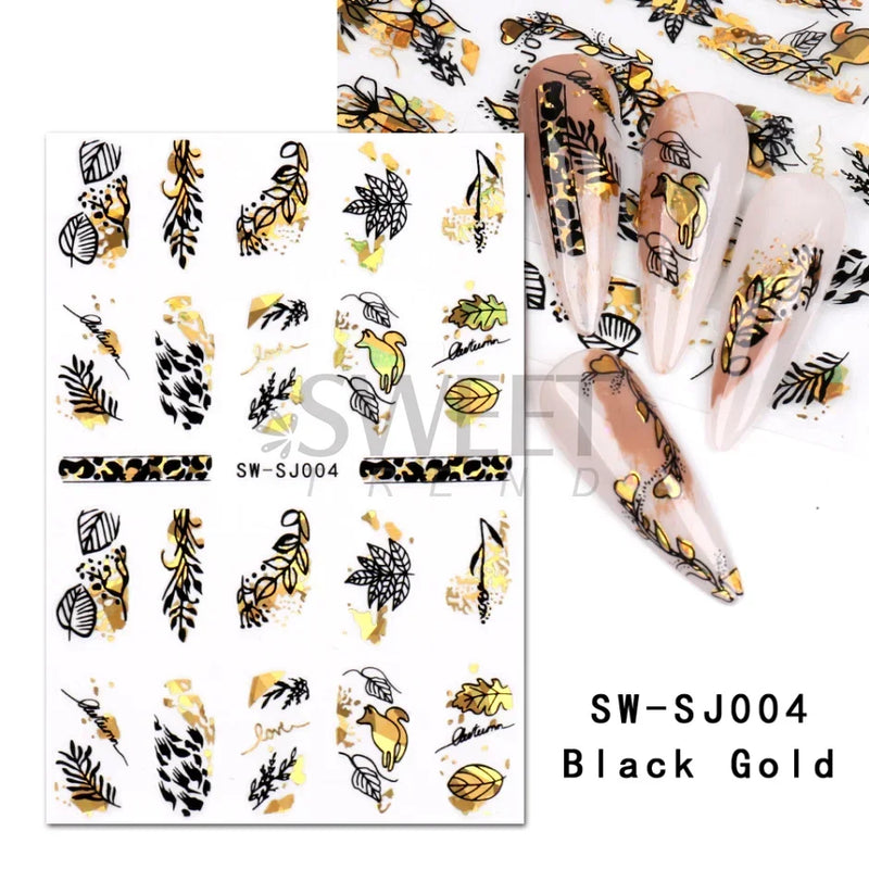 3D Snake Laser Stickers for Manicure Black Gold Abstract Leaves Luxury Nail Art Adhesive Slider Polish Decor Decals SASW-SJ