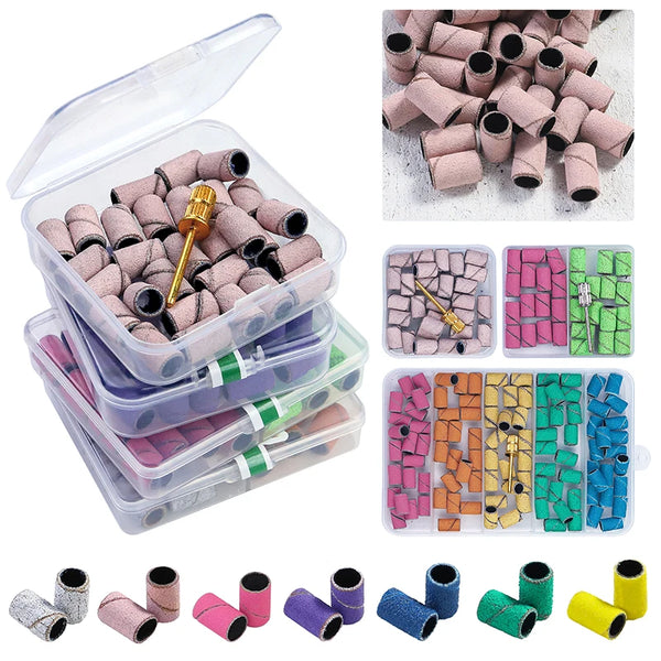 100pcs/box Nail Art Sanding Bands Pink Green Purple Grinding Sand Ring Bit for Electric Drill Machine Accessories Manicure Tools